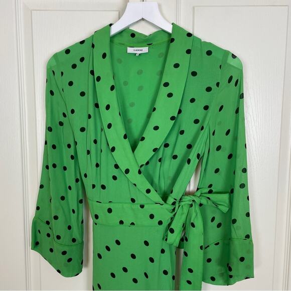 Ganni Dainty Georgette Polka Dot Wrap Dress - Picture 4 of 14
